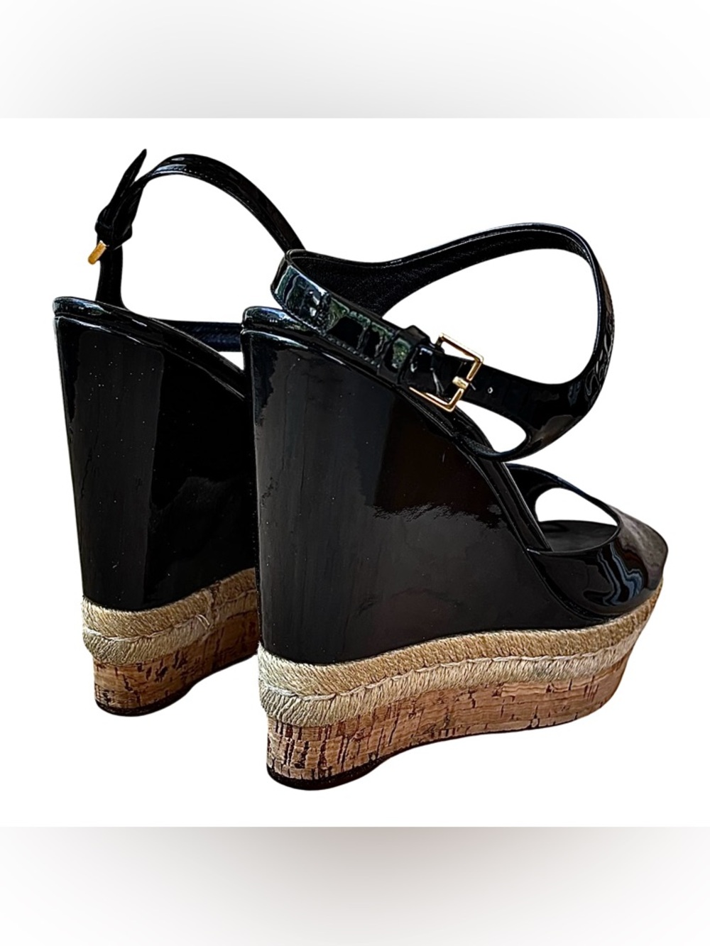 🌹GUCCI Black Patent Leather & Cork Platform Wedge Sandals🌹 - Picture 11 of 13